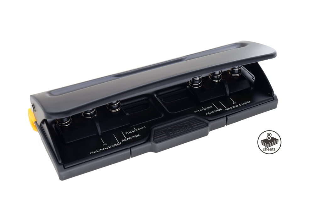 Adjustable 6 Hole Punch, Black, 8 Sheet Capacity, Mini/Pocket A3 / A4 / A5 / A6 / Agenda/Personal/Deskfax, Performance Guaranteed.
