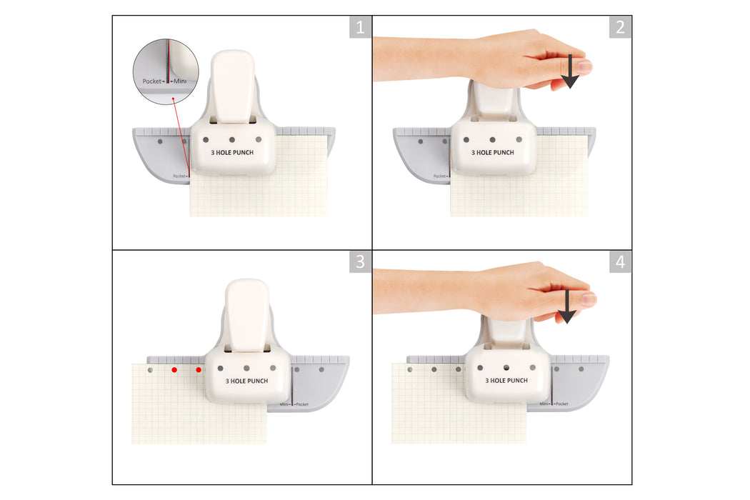 3 Hole Punch, 4 Sheet Capacity, Mini/Pocket, Performance Guaranteed