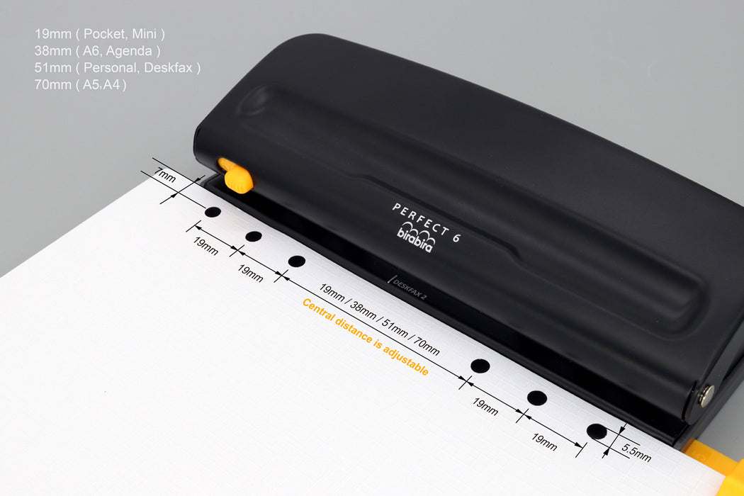 Adjustable 6 Hole Punch, Black, 8 Sheet Capacity, Mini/Pocket A3 / A4 / A5 / A6 / Agenda/Personal/Deskfax, Performance Guaranteed.