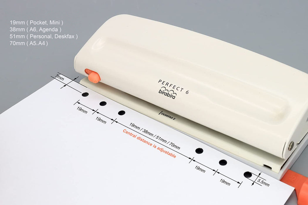 Adjustable 6 Hole Punch, Off White, 8 Sheet Capacity, Mini/Pocket A3 / A4 / A5 / A6 / Agenda/Personal/Deskfax, Performance Guaranteed.