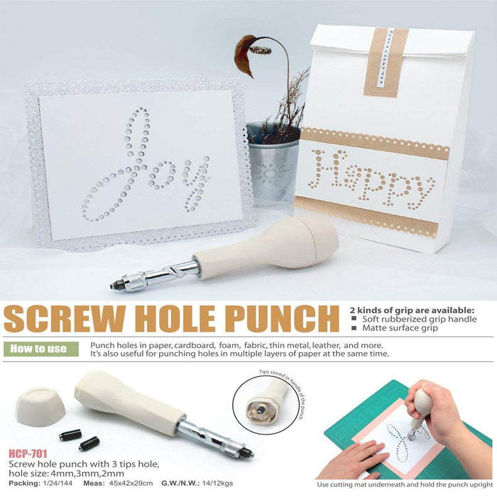 3 Tips 2mm, 3mm, 4mm Screw Punch, Anywhere Punch, Oversized Soft Grip Handle for Circular Holes Paper