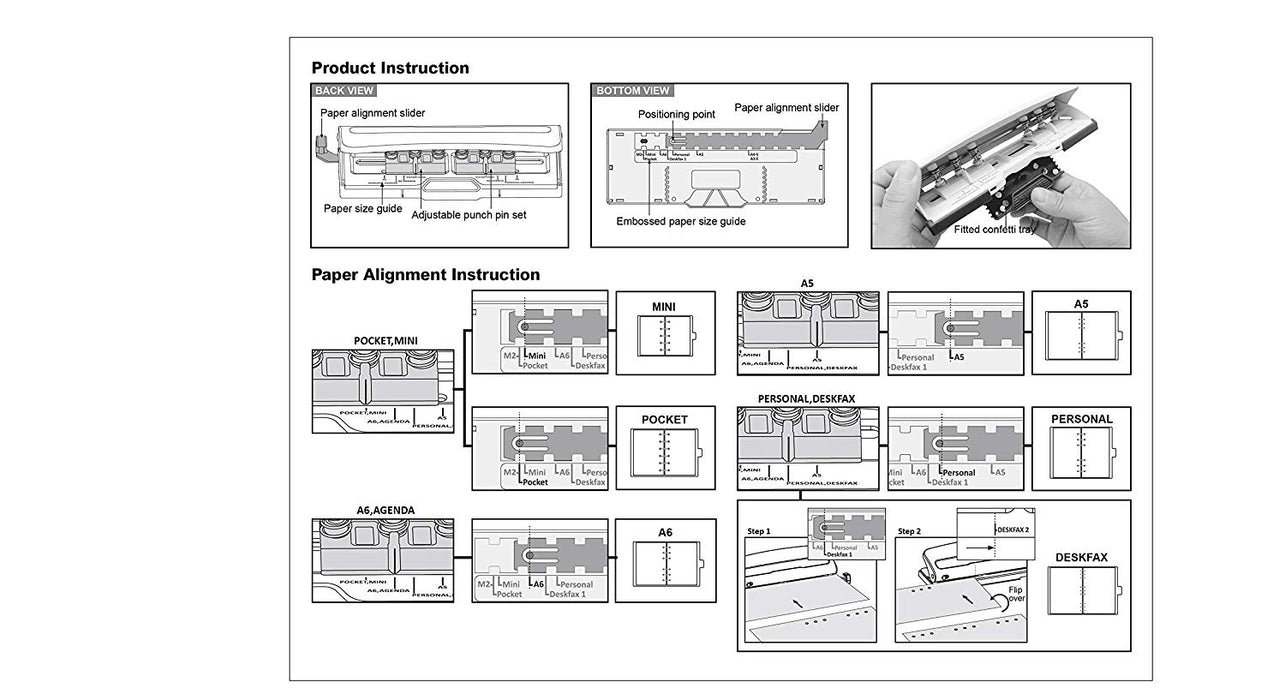 Adjustable 6 Hole Punch, Off White, 8 Sheet Capacity, Mini/Pocket A3 / A4 / A5 / A6 / Agenda/Personal/Deskfax, Performance Guaranteed.